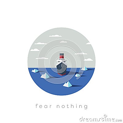 Risky adventure exploration business concept. Fearless explorer ship and icebergs in sea. Vector Illustration