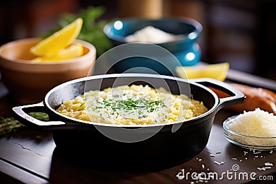 risotto milanese in a cast iron pot, with parmesan on the side Stock Photo