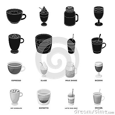 Ristretto, hot chocolate, latte take-away.Different types of coffee set collection icons in black,monochrome style Vector Illustration