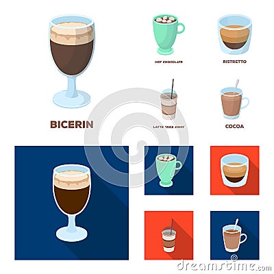 Ristretto, hot chocolate, latte take-away.Different types of coffee set collection icons in cartoon,flat style vector Vector Illustration