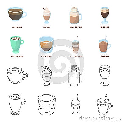 Ristretto, hot chocolate, latte take-away.Different types of coffee set collection icons in cartoon,outline style vector Vector Illustration