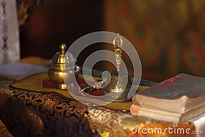 Ritual hand bell and dorje in the Buddhist temple Stock Photo