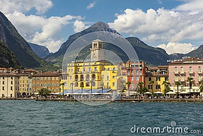 Riva del Garda, Lake Garda, Italy, August 2019, view of the lake and town and hotel sole Editorial Stock Photo