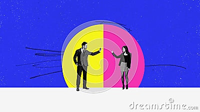 Contemporary art collage with two business people, competitors showing fist each other symbolizing conflict, opposition Stock Photo