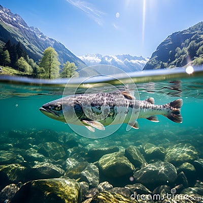 River of Abundance: Delving into the Richness of Salmon Fish Amidst Majestic Mountains and Flowing Waters.AI generated Stock Photo