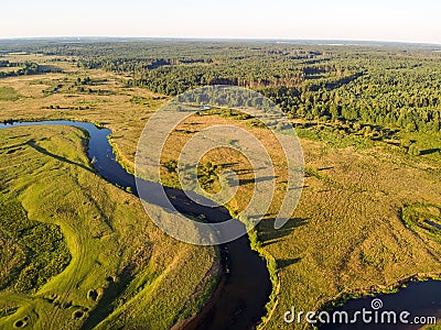 River, aerial view. Winding river and forest. Summer landscape, top view. A valley with a winding riverbed Stock Photo