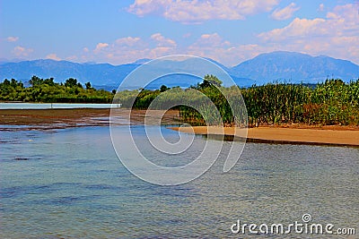 The river against the background of maidens and mountains Stock Photo