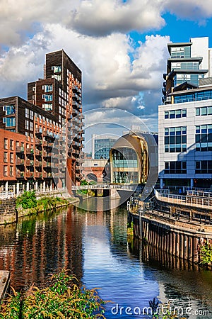 River Aire leading to The Southern Entrance of Leeds Train Station. Editorial Stock Photo