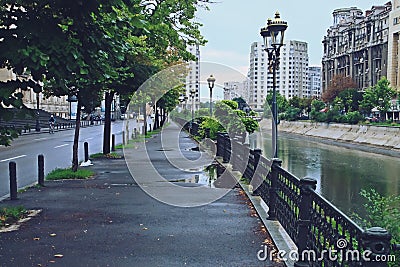 The Dambovita river at the Splendor of Independence Street Romanian: Splaiul independentntei in Bucharest, Romania. Stock Photo