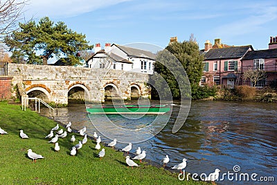 River Avon Christchurch Dorset England UK with bridge and green boat Stock Photo