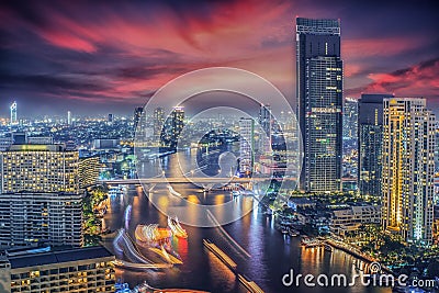 River in Bangkok city in night time Stock Photo