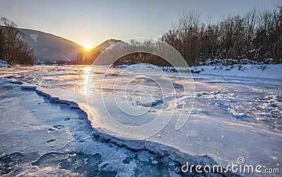 River Bela completely frozen during extreme cold Stock Photo