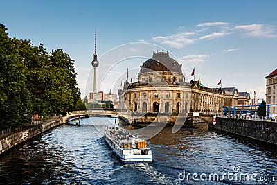 River Boat Approacing Museum Island, Berlin Stock Photo