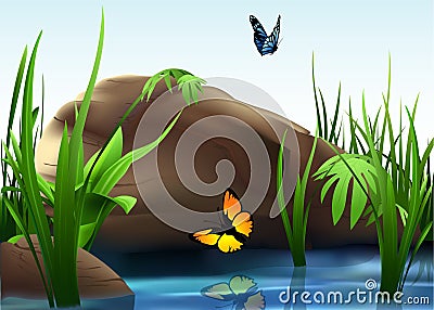 River and Boulder Vector Illustration