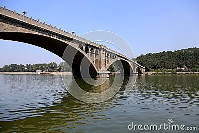 The river and Bridge in Longmen Caves, Dragon Gate Grottoes, in Luoyang city Stock Photo