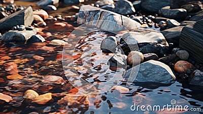 3d Model Of Rocks In Water Pond With Light Red And Dark Amber Style Stock Photo