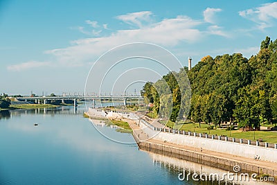 River, City Park And Cathedral Of St. Peter And Paul In Summer Sunny Day In Gomel, Belarus. Editorial Stock Photo