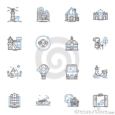 River cruise line icons collection. Adventure, Navigation, Serenity, Excursion, Aqua, Scenery, Tranquility vector and Vector Illustration