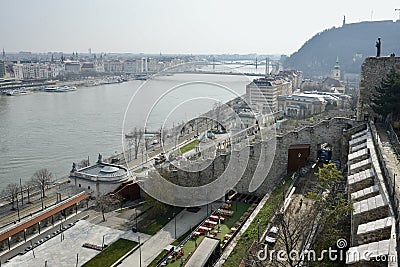 The River Danube and Budapest viewed from Buda castle, with the statue of The Vigin Mary Looking on. Editorial Stock Photo