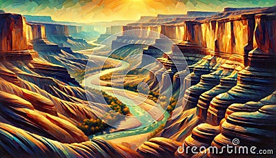 A river in a desert canyon, with layered rock formations. Landscape, Nature Painting, Generative Ai Stock Photo