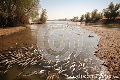 a river, drained of its water due to agricultural runoff, with fish and other wildlife swimming among the silt Stock Photo
