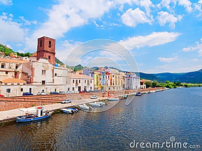 River embankment in the city of Bosa with colorful, typical Italian houses. province of Oristano, Sardinia, Italy. Stock Photo