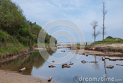 River estuary with green cliff, trees and sea in the background Stock Photo