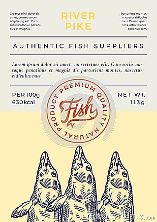 River Fish Abstract Vector Packaging Design or Label. Modern Typography Banner, Hand Drawn Pike Silhouette with Vector Illustration