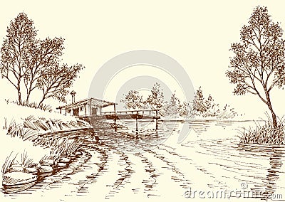 River flow and a small old fishery on shore Vector Illustration