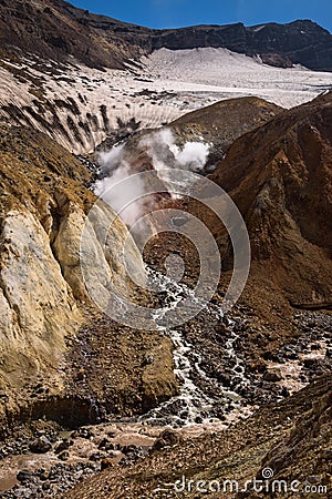 River flowing through the canyon with fumaroles inside Mutnovsky Volcano crater Stock Photo