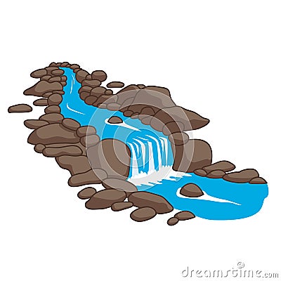 River flowing down stream across a stones. Vector Illustration