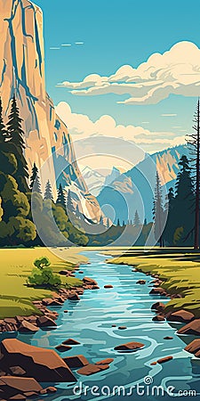 Bold Graphic Illustrations Of Yosemite National Park Landscape Cartoon Illustration