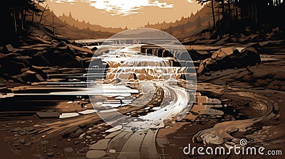 High Contrast Digital Illustration Of A Waterfall In Mud Cartoon Illustration