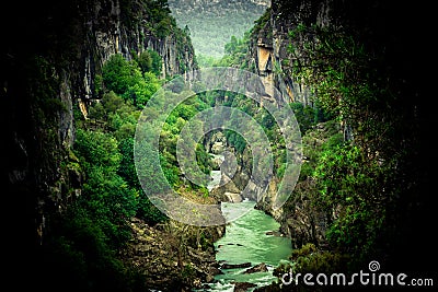 River and forest landscape. Mystical view from forest inside. Manavgat, Antalya, Turkey Stock Photo