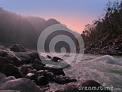 The river Ganga in India at sunset Stock Photo