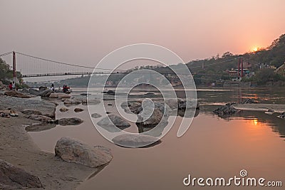 At the river Ganges in India at sunset Stock Photo