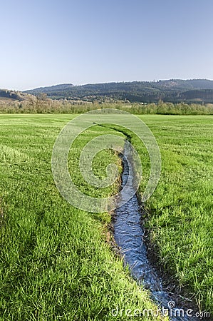 River in grass field Stock Photo