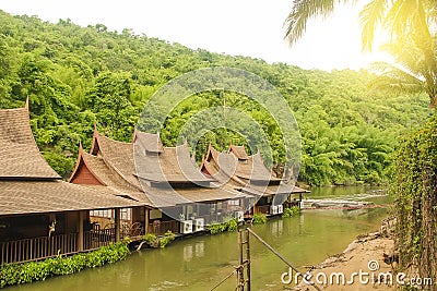 River hotel bungalowslandmark on the water Thailand Stock Photo