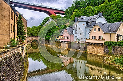 River with houses and bridges in Luxembourg, Benelux, HDR Stock Photo