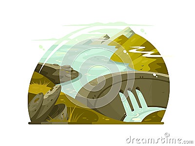 River huge dam Cartoon Illustration