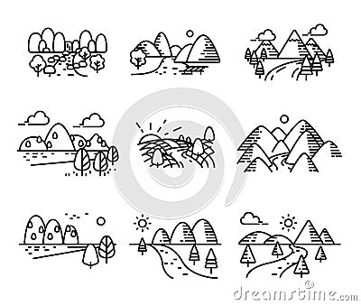 River,mountains and nature icons set Vector Illustration