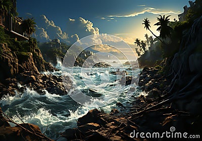 River landscape with flooded fields. AI generated Stock Photo
