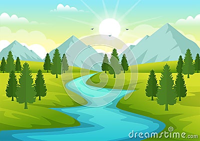 River Landscape Illustration with View Mountains, Green Fields, Trees and Forest Surrounding the Rivers in Flat Cartoon Hand Drawn Vector Illustration