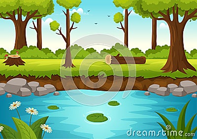 River Landscape Illustration with View Mountains, Green Fields, Trees and Forest Surrounding the Rivers in Flat Cartoon Hand Drawn Vector Illustration