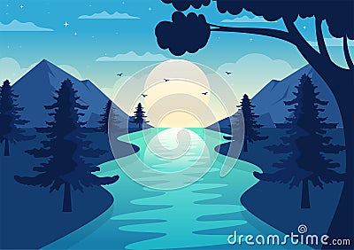 River Landscape Illustration with View Mountains, Green Fields, Trees and Forest Surrounding the Rivers in Flat Cartoon Hand Drawn Vector Illustration