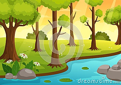 River Landscape Illustration with View Mountains, Green Fields, Trees and Forest Surrounding the Rivers in Flat Cartoon Hand Drawn Vector Illustration