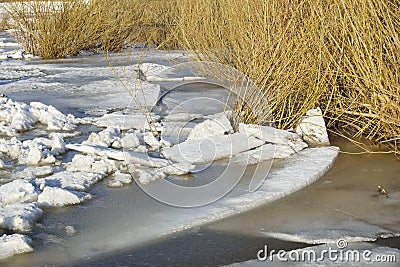 river landscape melting ice on the river of a puddle reflection Stock Photo