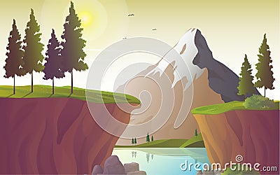 River landscape with mountain and cliff, vector illustration Vector Illustration