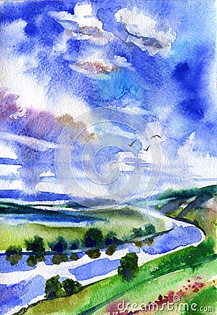 River landscape watercolor illustration. Forest, fields, fast river and birds. Beautiful nature. Cartoon Illustration