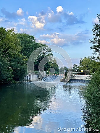 River Medway weir in early morning Stock Photo